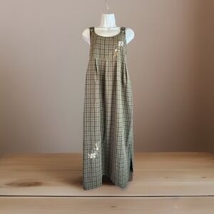 Vintage Y2K Overall Dress M/L Flannel Plaid Embroidered Long Fairy Grunge